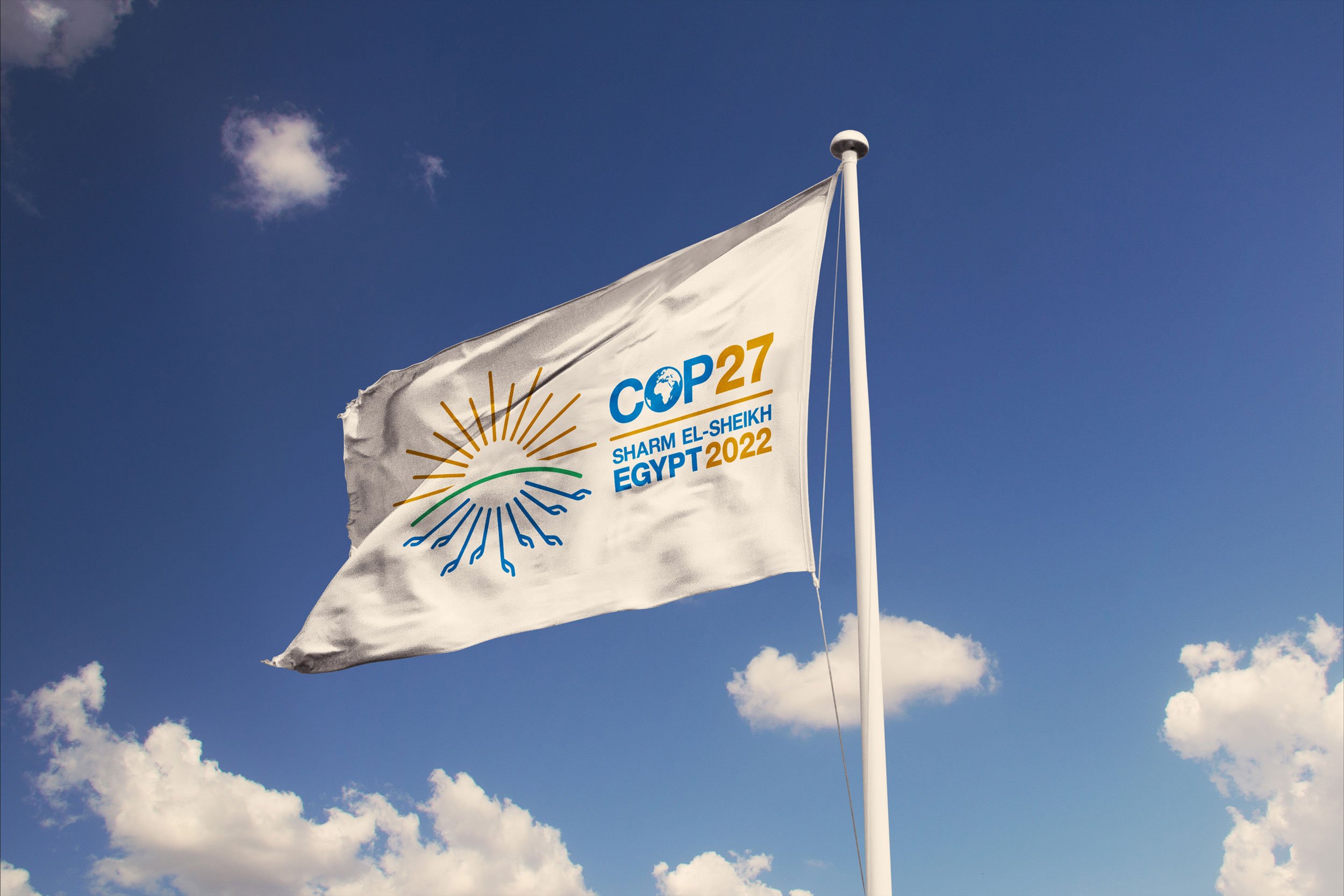 A flag with the COP27 logo waiving in front of a blue sky