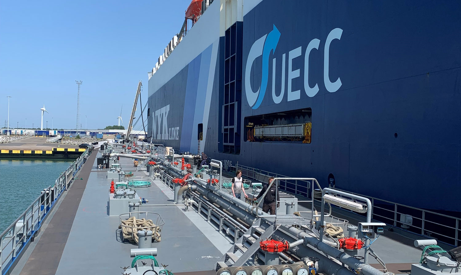 A car carrier is being bunkered with sustainable biofuel in the port of Vlissingen