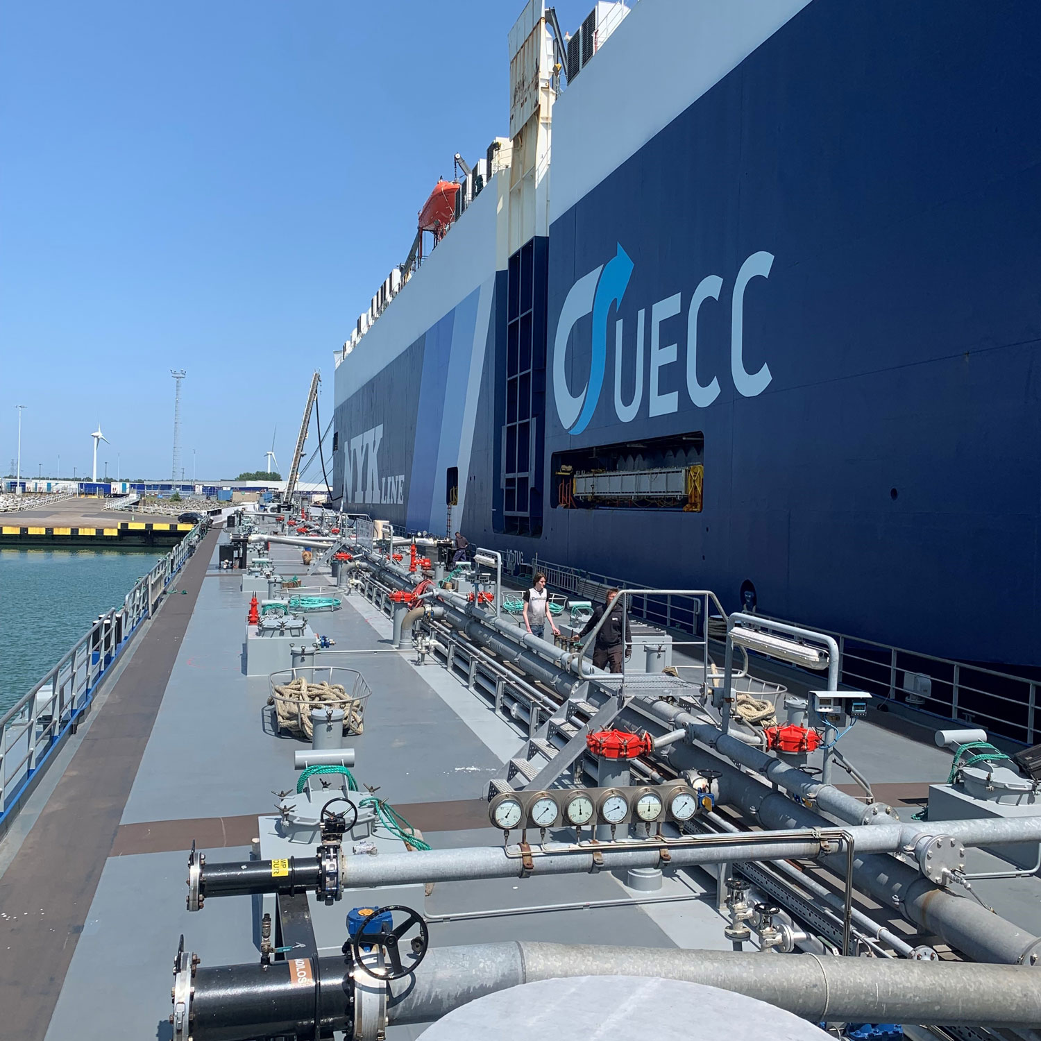 A car carrier being bunkered with sustainable biofuel