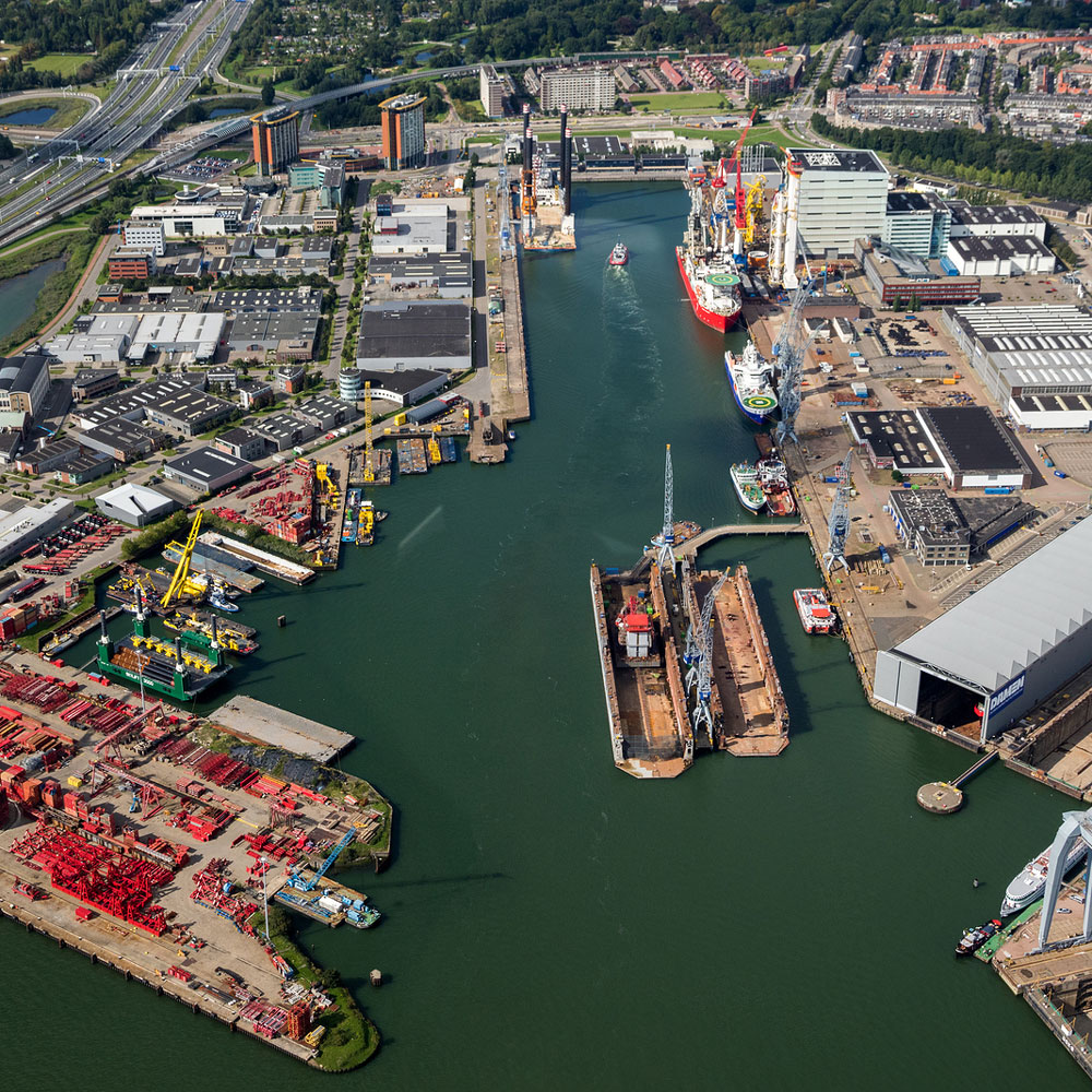 An aerial photo of the port of Rotterdam